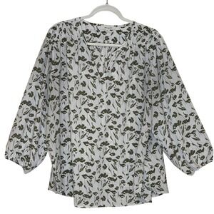 Monday Fun Womens Blouse White Green Floral Plus 2X V-Neck Balloon Sleeve Boho